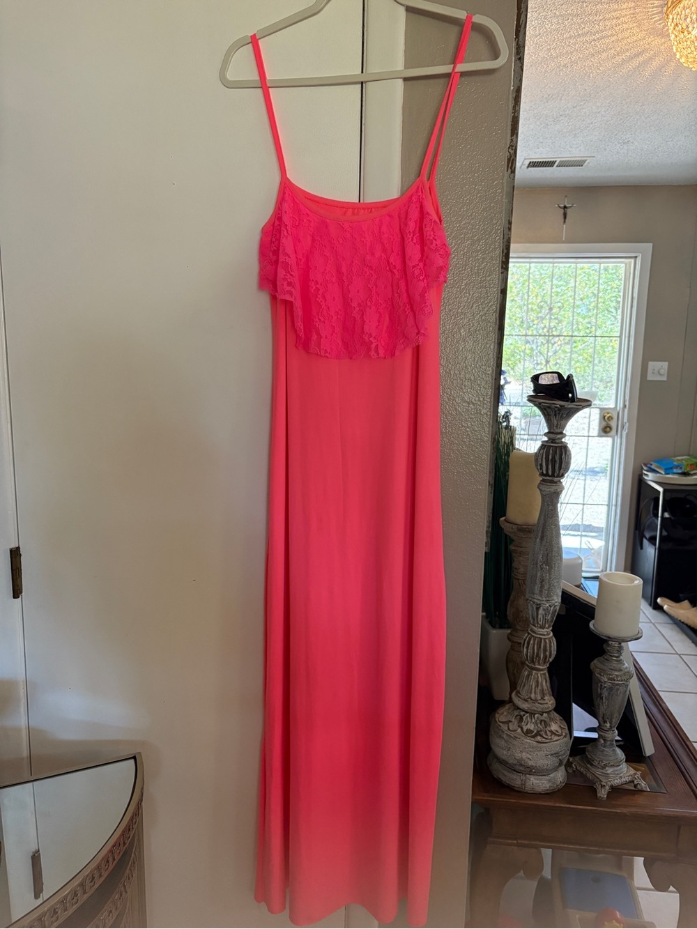 Hot Pink Lace Ruffle Maxi Dress